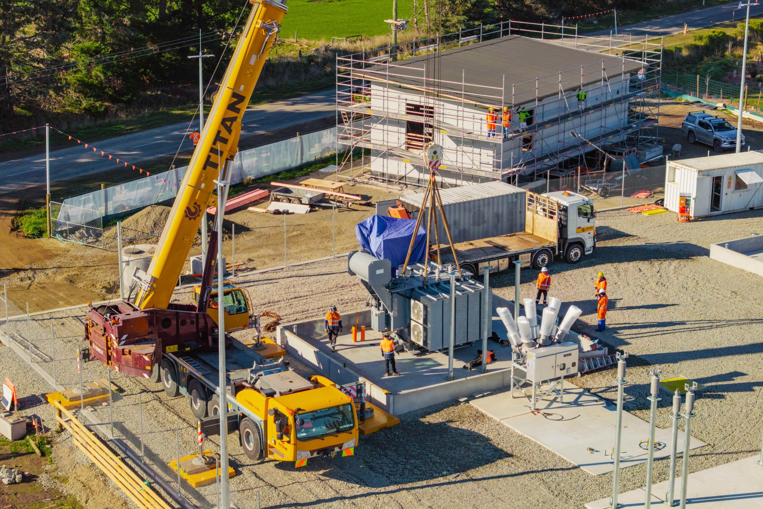 Construction site with crane and substation